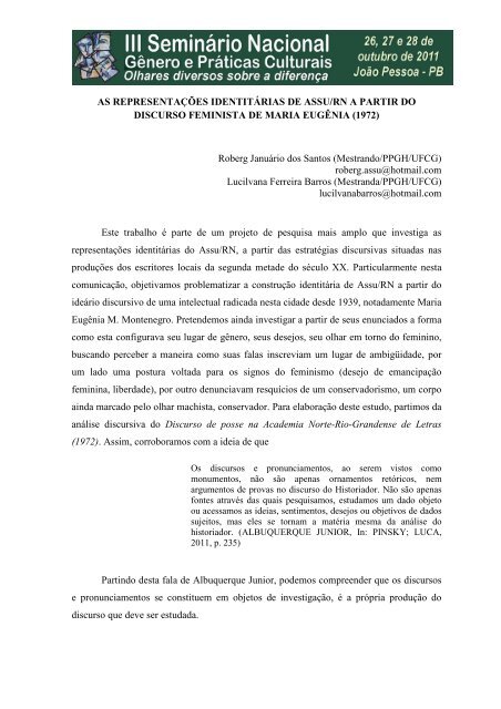AS REPRESENTAÇÕES IDENTITÁRIAS DE ASSU ... - Itaporanga.net