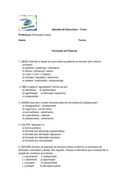 Apostila de Exercícios – 3° ano Professora: Emanuelly ... - ALUB