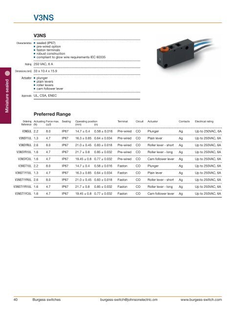 Burgess Switch Catalog Johnson Electric - Wagner GmbH