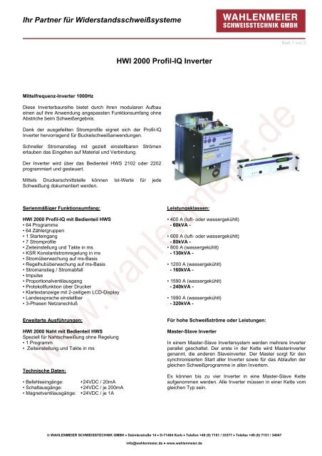 HWI 2000 Profil-IQ Inverter - wahlenmeier schweisstechnik gmbh