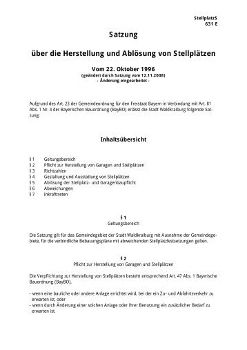 Satzung über die Herstellung und Ablösung von Stellplätzen - Stadt ...