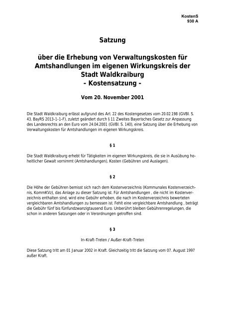 Satzung über die Erhebung von Verwaltungskosten für ...