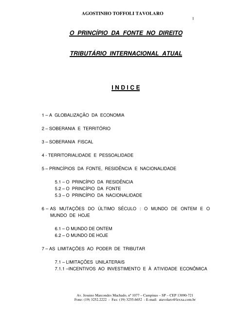 o princípio da fonte no direito tributário internacional atual indice