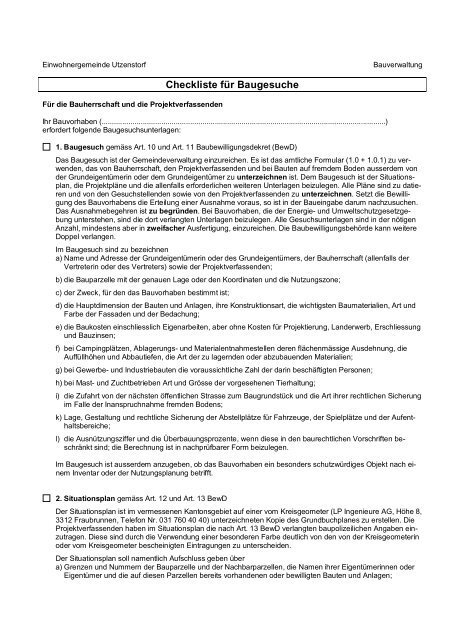 Checkliste Bau - Gemeinde Utzenstorf