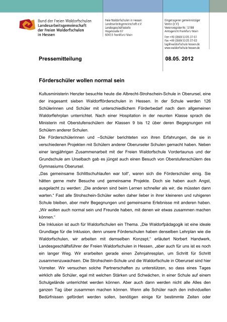 Pressemitteilung der LAG - Freie Waldorfschulen in Hessen ...