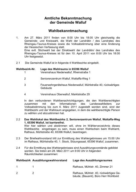 Bekanntmachung Wahllokale - Walluf