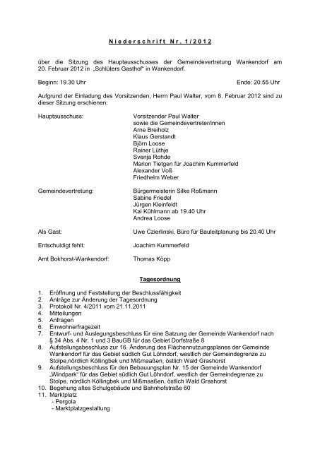 Hauptausschuss vom 20.02.2012 - Wankendorf