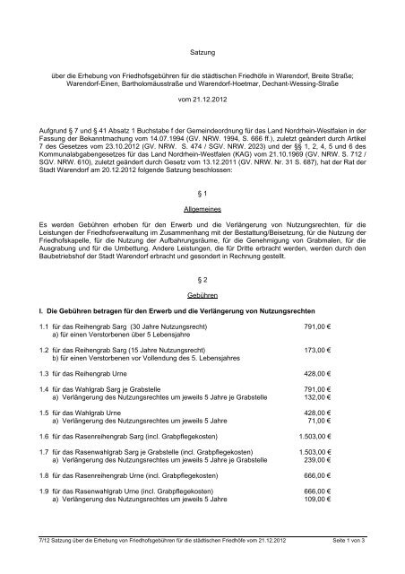 Satzung über die Erhebung von Friedhofsgebühren für ... - Warendorf