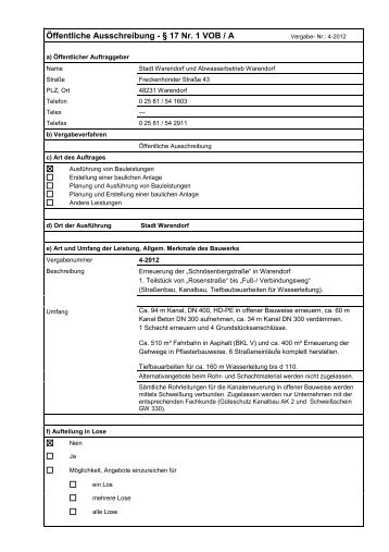 Öffentliche Ausschreibung - § 17 Nr. 1 VOB / A - Warendorf