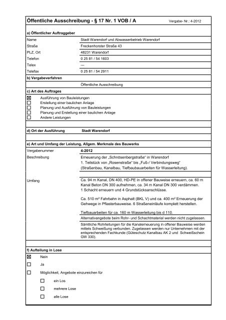 Öffentliche Ausschreibung - § 17 Nr. 1 VOB / A - Warendorf