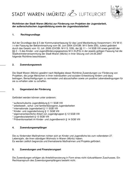 Richtlinien der Stadt Waren (Müritz) zur Förderung von Projekten ...