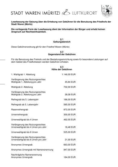 Gebühren für die Benutzung des Friedhofs - Waren