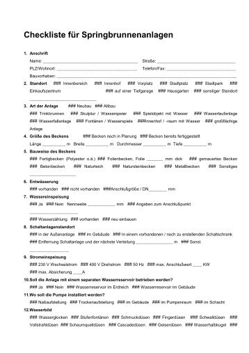 Checkliste für Springbrunnenanlagen