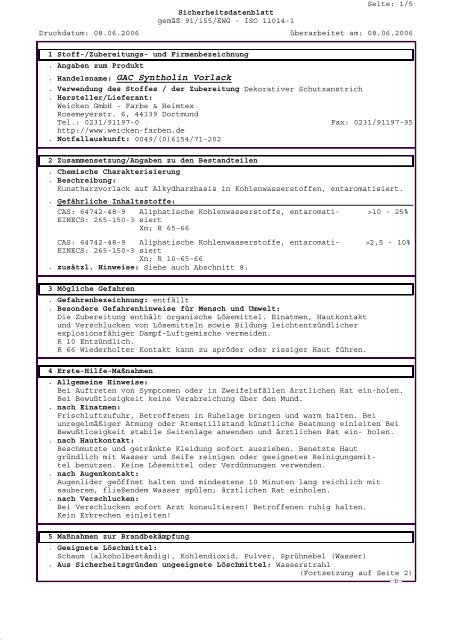 . Handelsname: GAC Syntholin Vorlack