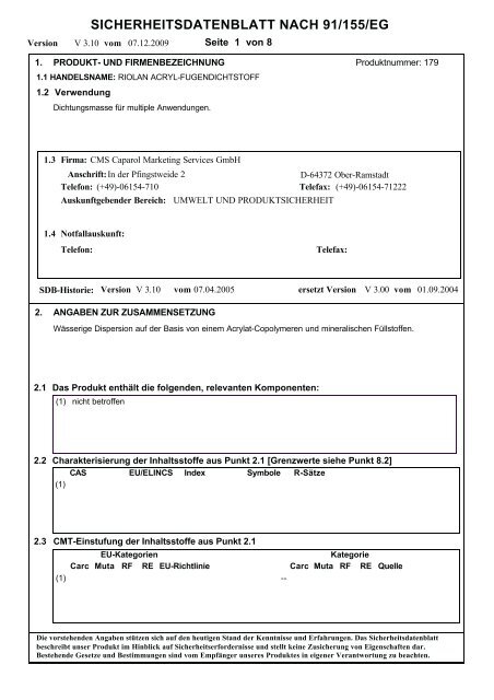 sicherheitsdatenblatt nach 91/155/eg