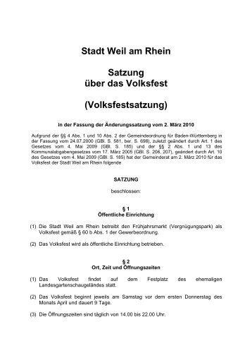 Stadt Weil am Rhein Satzung über das Volksfest (Volksfestsatzung)