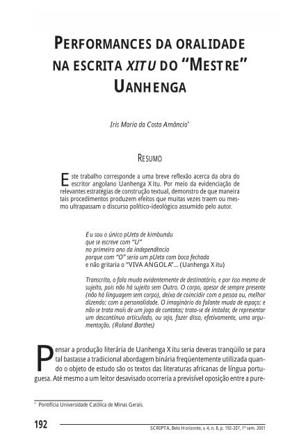 “Mestre” Uanhenga. Iris Maria da Costa Amâncio ... - PUC Minas