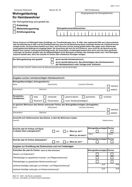 Was Braucht Man Für Wohngeldantrag Vordruck Antrag auf Wohngeld/Mietzuschuss für Bewohner von