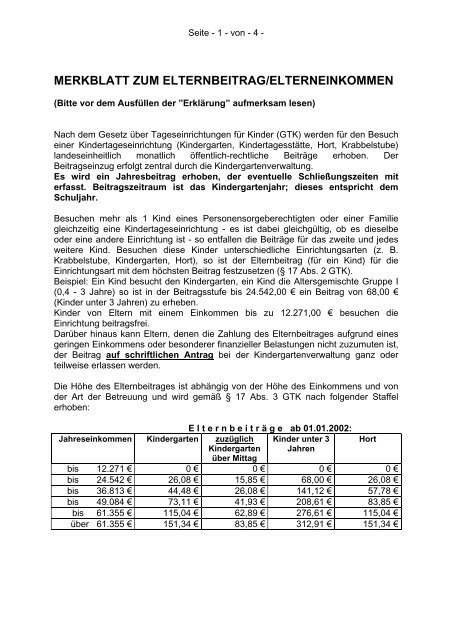 merkblatt zum elternbeitrag/elterneinkommen - Gemeinde Weilerswist