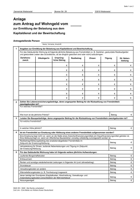Vordruck Anlage zum Antrag auf Wohngeld zur Ermittlung