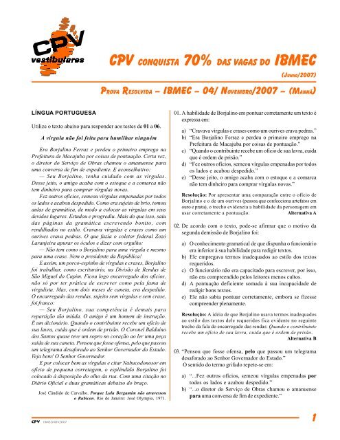 Prova REsolvida – IBMEC – 04/ novembro/2007 – (Manhã) - CPV