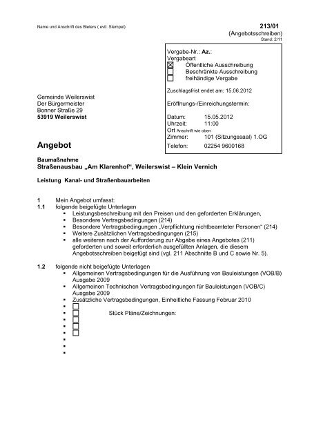 Name und Anschrift des Bieters ( evtl - Gemeinde Weilerswist