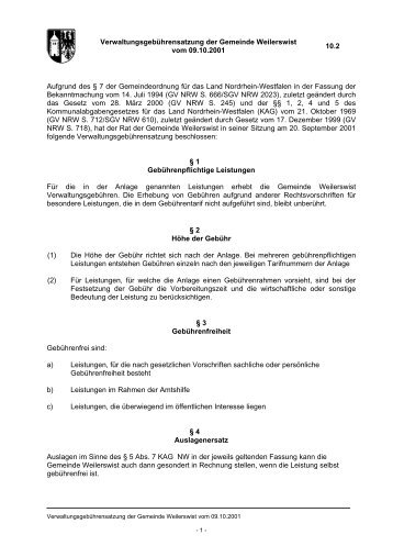 10.2 Verwaltungsgebührensatzung der Gemeinde Weilerswist