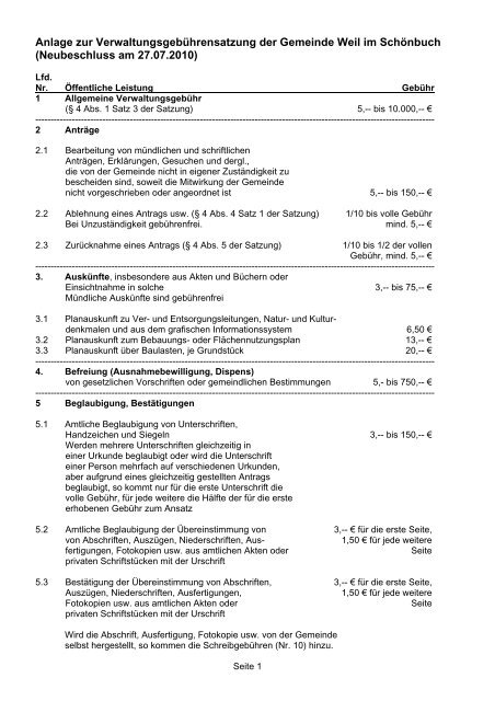Verwaltungsgebührenverzeichnis - in Weil im Schönbuch