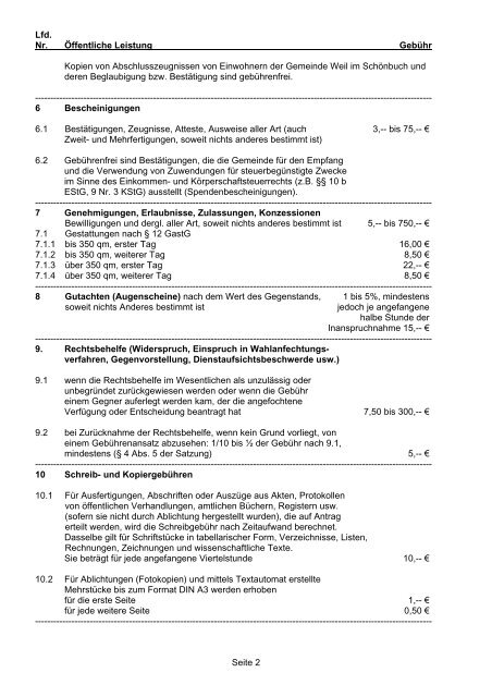 Verwaltungsgebührenverzeichnis - in Weil im Schönbuch