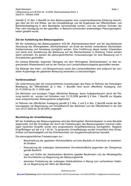 Zusammenfassende Erklärung zum Bebauungsplan - Stadt Weinheim