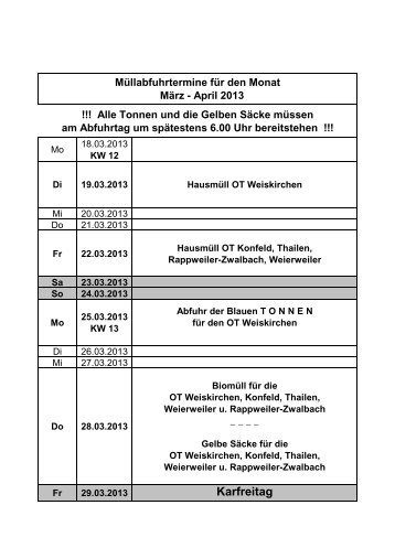 Müllkalender März - April 2013 - Weiskirchen