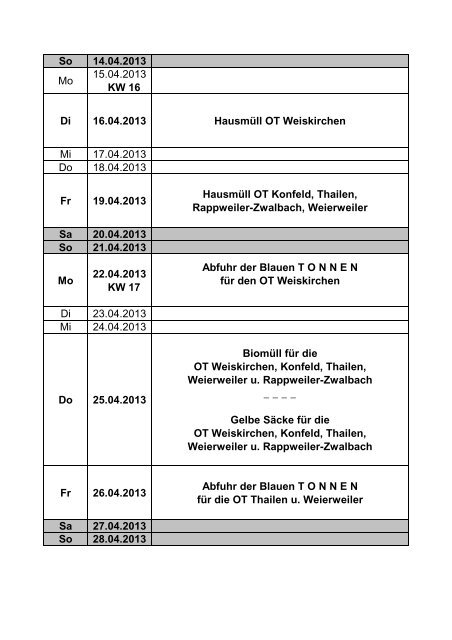 Müllkalender März - April 2013 - Weiskirchen