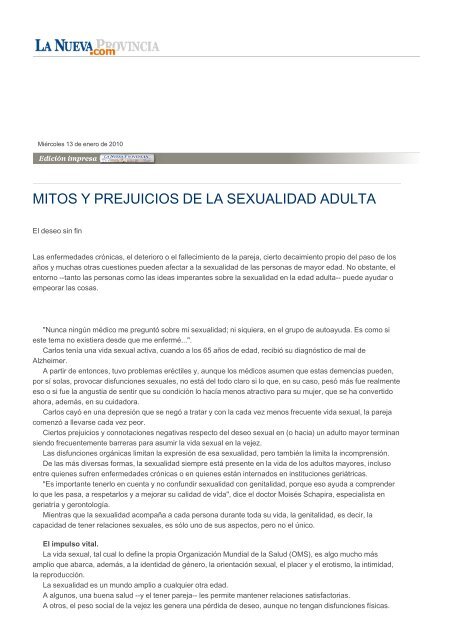 mitos y prejuicios de la sexualidad adulta - La Nueva Provincia