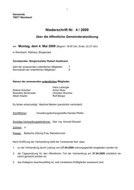 Gemeinderatssitzung vom 04.05.2009 - Wembach