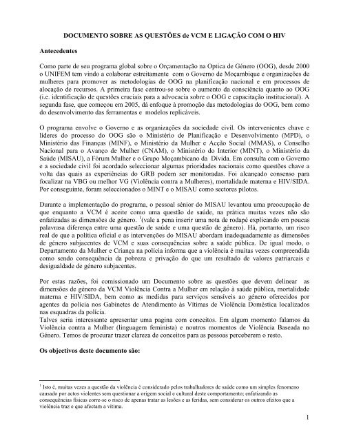 Documento Sobre as Questos de VCM e Ligacao ... - UN Women