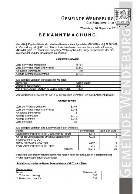 Wahlergebnis der Kommunalwahl 2011 - Wendeburg