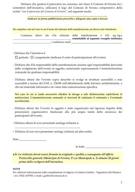 Fac-simile Nuovo Modulo Richiesta di Patrocinio Comunale