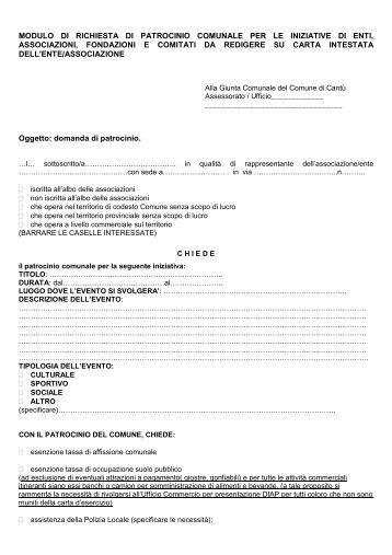 MODULO DI RICHIESTA DI PATROCINIO ... - Comune di Cantù