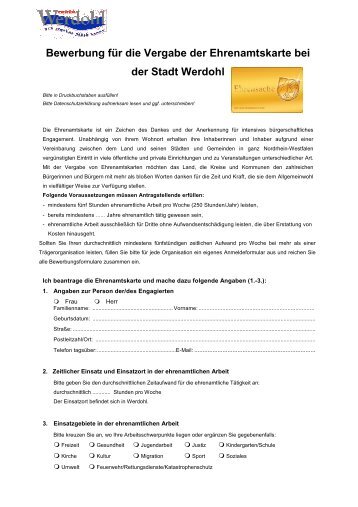 Bewerbung für die Vergabe der Ehrenamtskarte bei der Stadt Werdohl