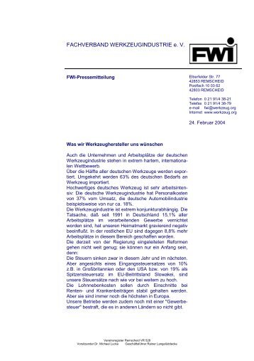 FWI-Pressemitteilung - Fachverband Werkzeugindustrie eV