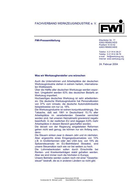 FWI-Pressemitteilung - Fachverband Werkzeugindustrie eV