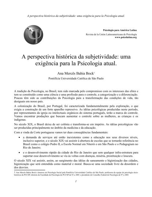 A perspectiva histórica da subjetividade - Psicología para América ...