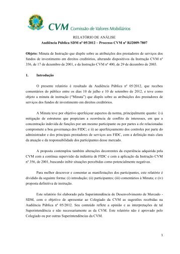 RELATÓRIO DE ANÁLISE Audiência Pública SDM nº 05 ... - CVM