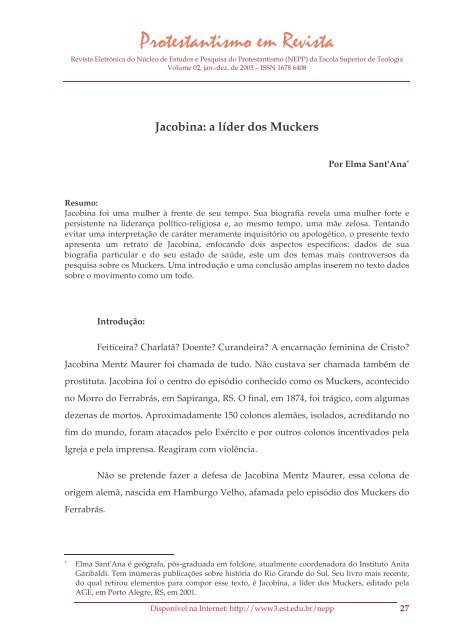 Jacobina: a líder dos Muckers - Faculdades EST