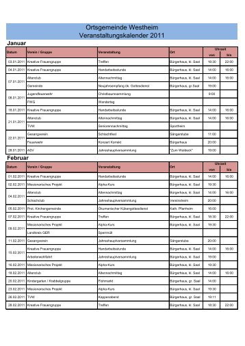 Ortsgemeinde Westheim Veranstaltungskalender 2011