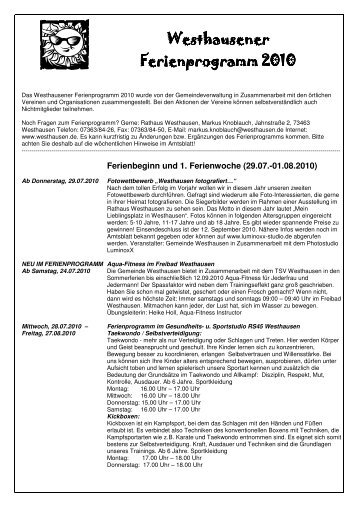 Westhausener Westhausener Ferienprogramm 20 Ferienprogramm ...