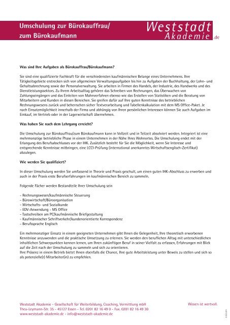 Umschulung Zur Burokauffrau Weststadt Akademie