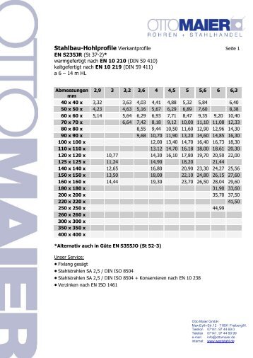 Stahlbau-Hohlprofile Vierkantprofile - Otto Maier GmbH