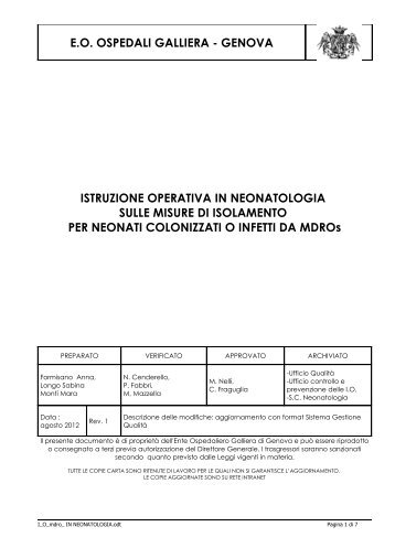 I.O. misure d'isolamento neonati con MDROs - Ospedale Galliera