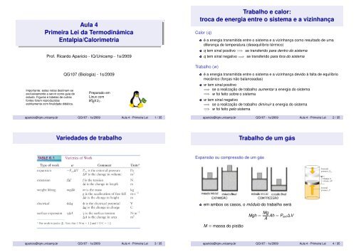 Aula 4 Primeira Lei da Termodinâmica Entalpia ... - Unicamp